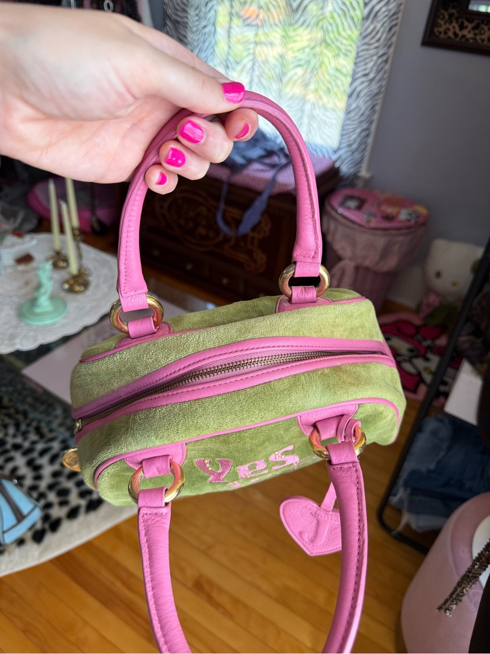 Juicy Couture Green Suede Satchel with Pink Trim and Heart Charm - Picture 5 of 9